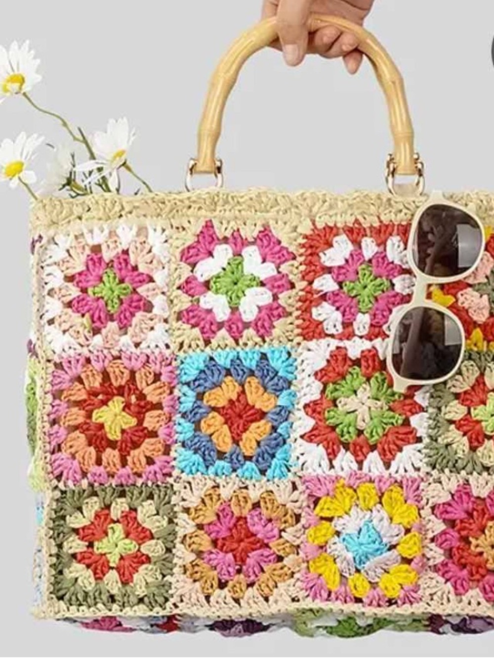 Source Unknown Multicolor Crochet Tote with Bamboo Handles